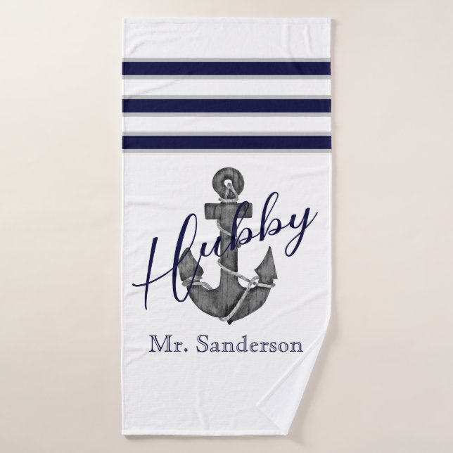 Hubby Nautical White and Navy Blue  Anchor  Beach Bath Towel (Bath Towel)