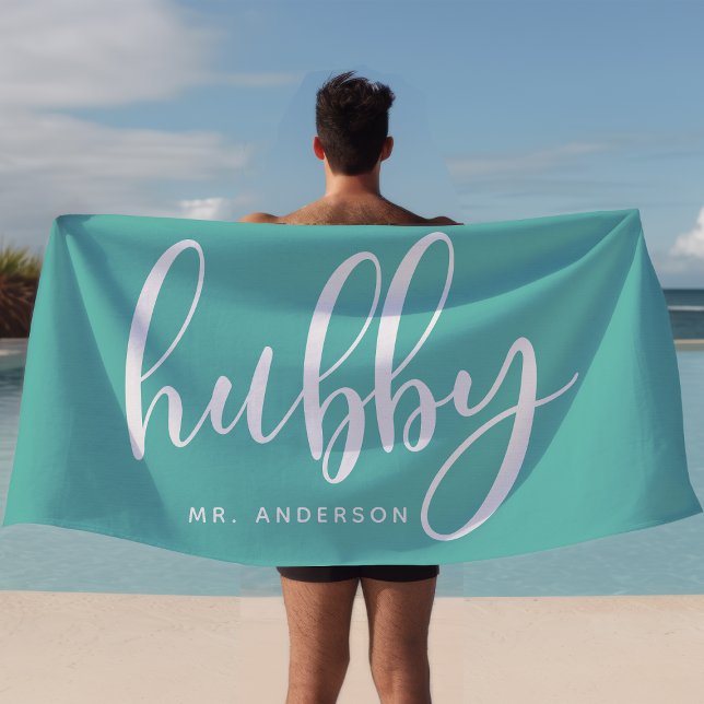 Hubby Teal And White Newlywed Groom Beach Towel (Creator Uploaded)