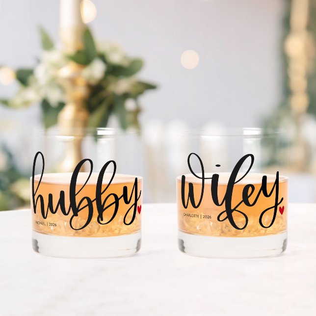 Hubby Wifey Couple Typography Design Custom Whiskey Glass (Insitu (Wedding))