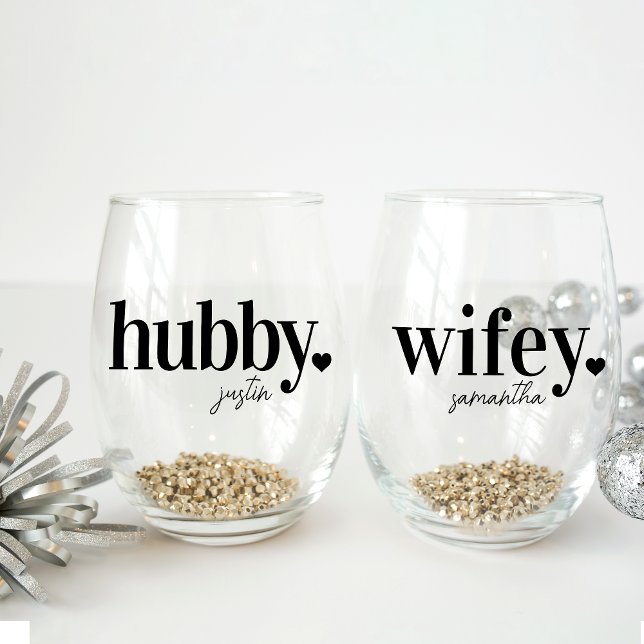 Hubby & Wifey | Personalised Name Newlyweds Stemless Wine Glass (Creator Uploaded)