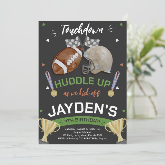 Huddle Up As We Kick Off Football Birthday Invitation (Standing Front)