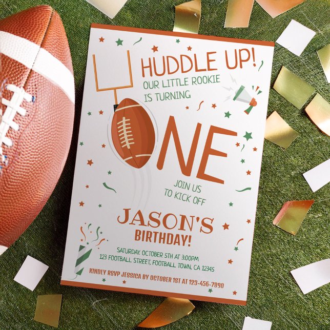 Huddle Up Brown Rookie Football 1st Birthday Invitation (Creator Uploaded)