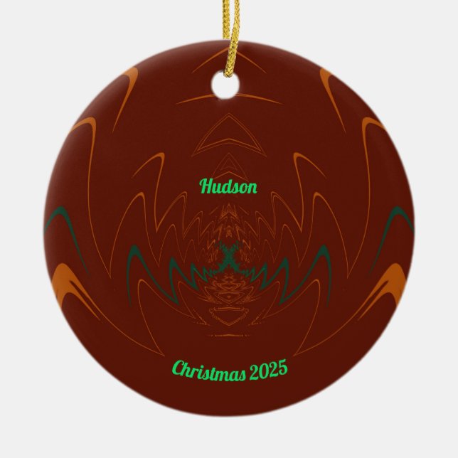 HUDSON ~ 3D CHRISTMAS Red Green Orange 2025  Ceramic Tree Decoration (Front)