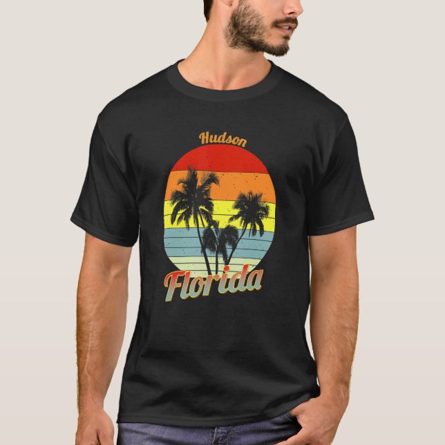 Hudson Florida Retro Tropical Palm Trees Vacation T-Shirt (Front)