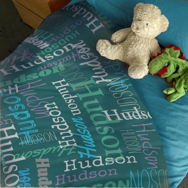Hudson personalised name aqua green purple grey fleece blanket (Creator Uploaded)