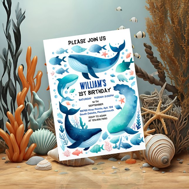 hues cool fish sea blue whale shark 1st Birthday Invitation (Creator Uploaded)