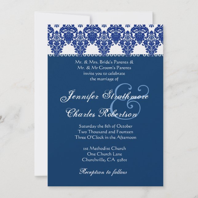 Hues of Blue and White Damask Wedding Invitation (Front)