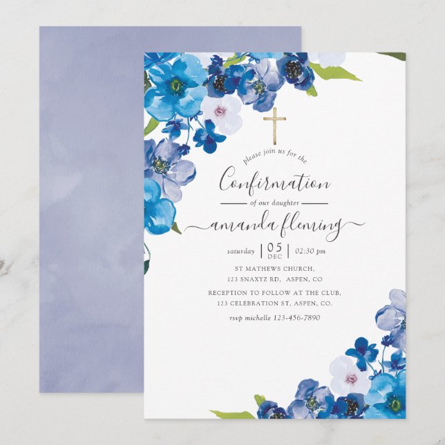 Hues of Blue Floral Confirmation Invitation (Front/Back)