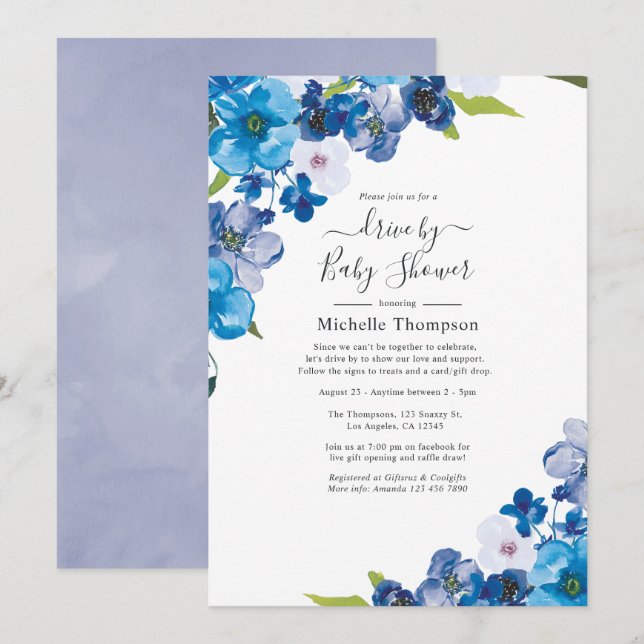 Hues of Blue Floral Drive By Bridal or Baby Shower Invitation (Front/Back)