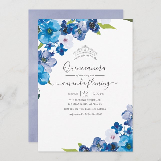 Hues of Blue Floral Quinceañera Invitation (Front/Back)