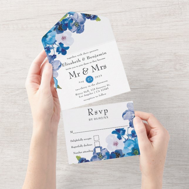 Hues of Blue Floral Wedding All In One Invitation (Tearaway)