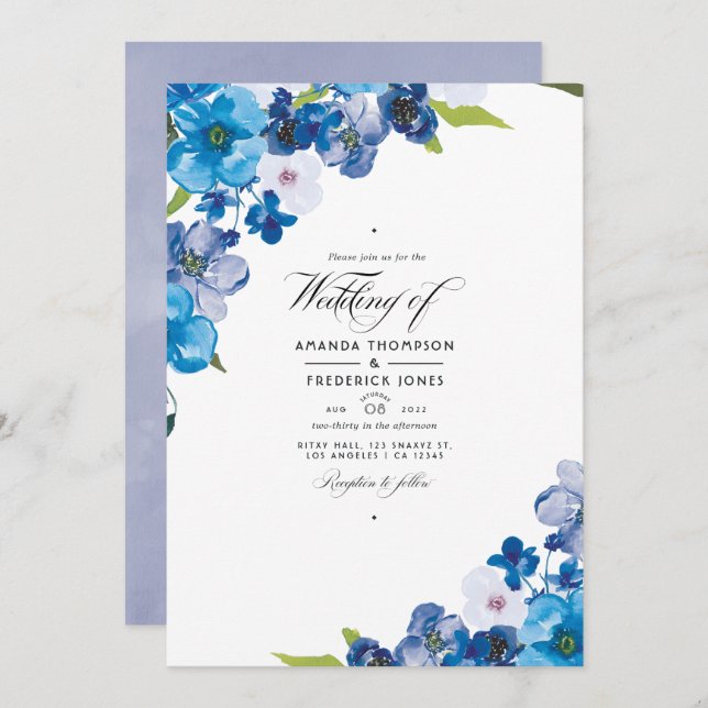 Hues of Blue Floral Wedding Invitation (Front/Back)