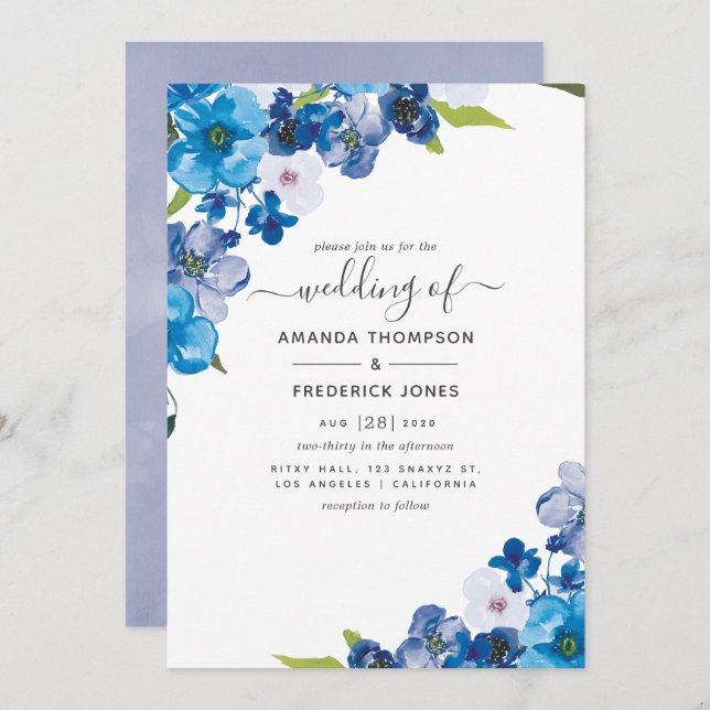 Hues of Blue Floral Wedding Invitation (Front/Back)