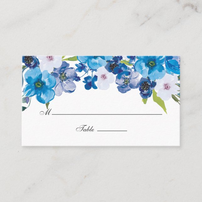 Hues of Blue Floral Wedding Place Card (Front)
