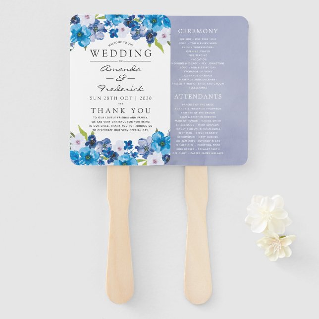 Hues of Blue Floral Wedding Program Hand Fan (Front and Back)
