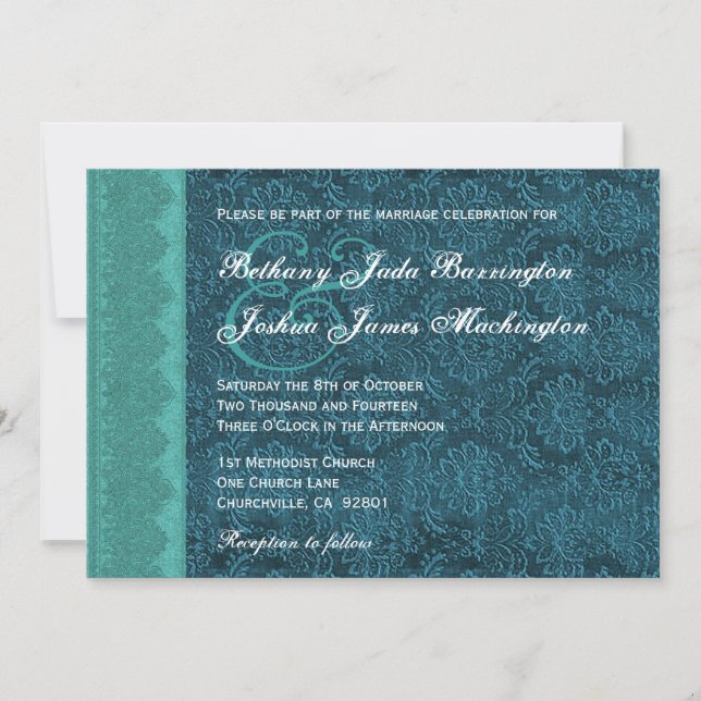 Hues of Teal Damask Monogram Wedding V15A6 Invitation (Front)