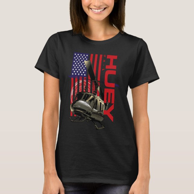 Huey Military Helicopter Aeroplane American Flag T-Shirt (Front)