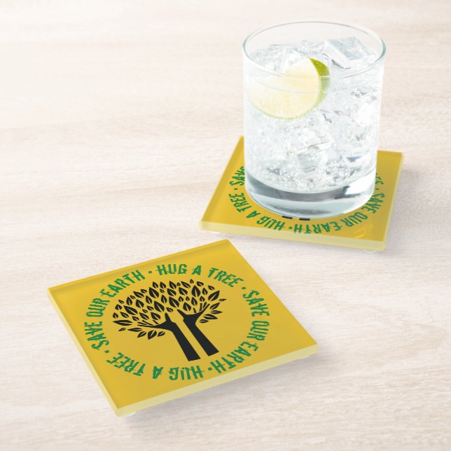 Hug a Tree Save Our Earth Glass Coaster (Angled)