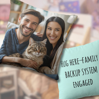 Hug here family photo gift cushion