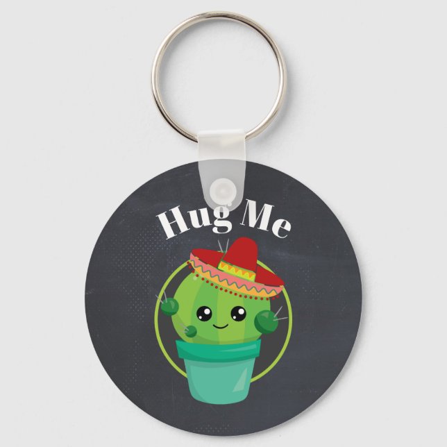 Hug Me Cute Cactus in a Sombrero Key Ring (Front)