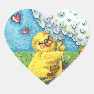 HUG YOUR MOMMA, CUTE BABY CHICK LOVES MOTHER HEN HEART STICKER