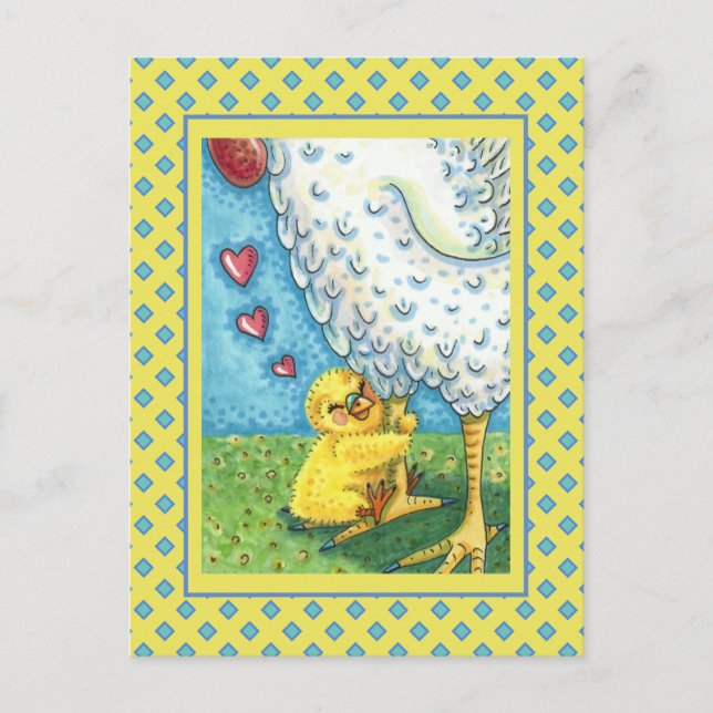 HUG YOUR MOMMA, CUTE BABY CHICK LOVES MOTHER HEN HOLIDAY POSTCARD (Front)