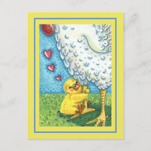 HUG YOUR MOMMA, CUTE BABY CHICK LOVES MOTHER HEN POSTCARD