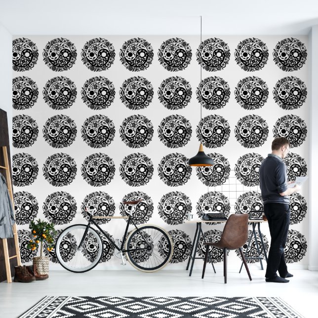 Huge Black and White Floral Yin Yang Wallpaper (Living Room)