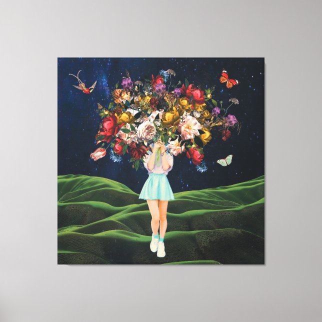 Huge Bouquet Girl Dark Sky Surreal Collage Canvas Print (Front)