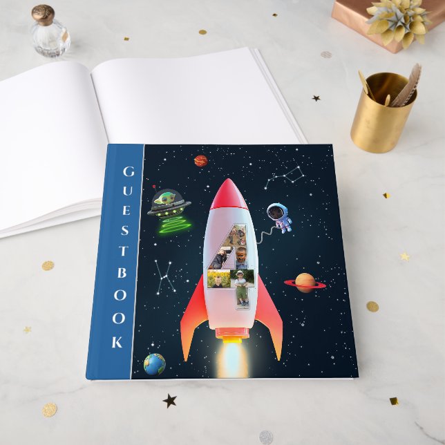 Huge Four with Photos | Rocket Space 4th Birthday Guest Book (Front Open)