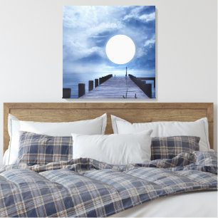 Huge Full Moon at End Of Ocean Pier Canvas Print