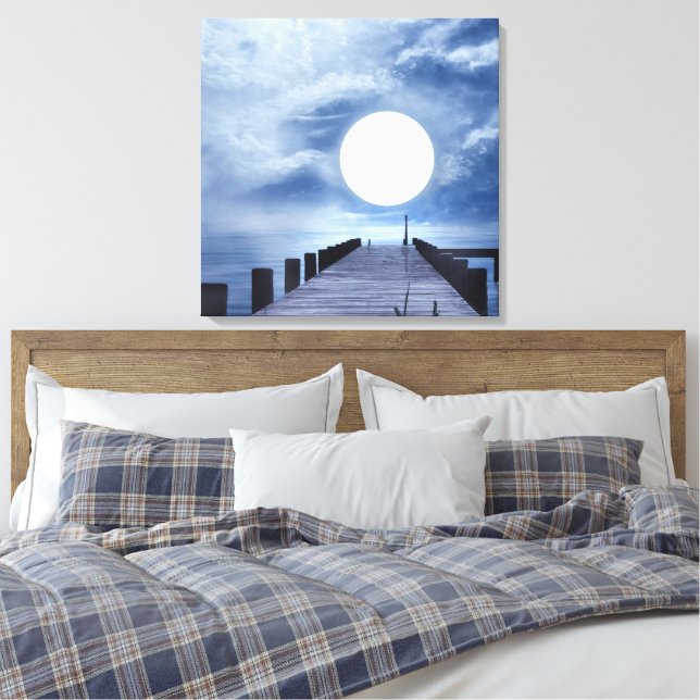 Huge Full Moon at End Of Ocean Pier Canvas Print (Insitu(Bedroom))