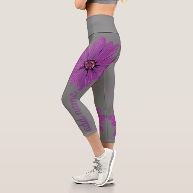 Huge Modern Daisy with Script Name Capri Leggings (Left)