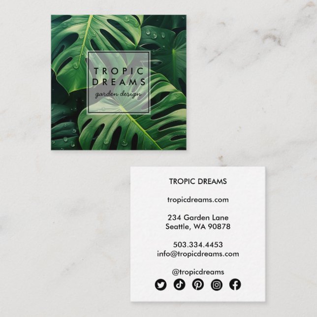 Huge Monstera Leaf Green Botanical Photograph Square Business Card (Front/Back)