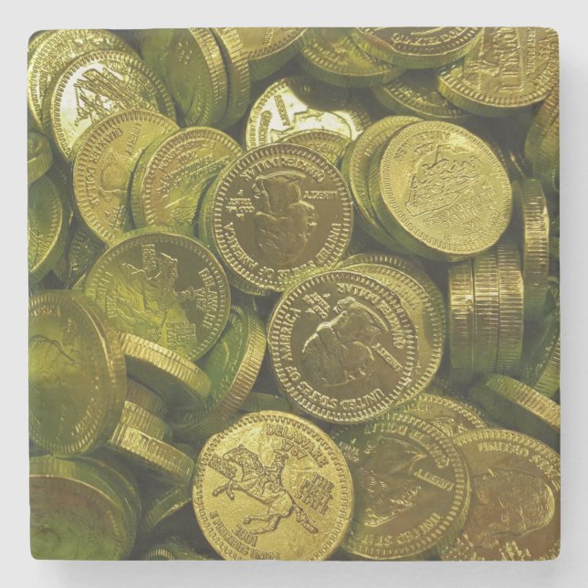 Huge Pile of Chocolate Filled Gold Coins Stone Coaster (Front)