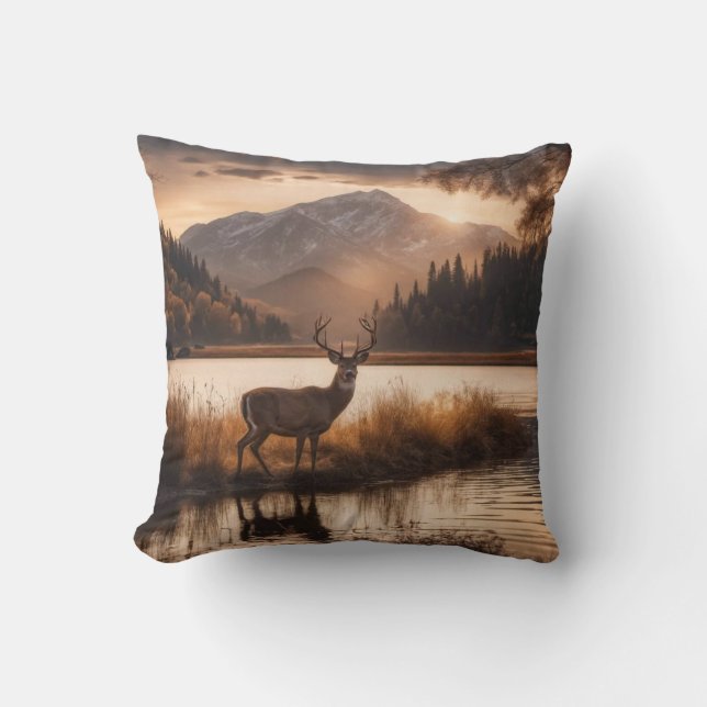 Huge Racked Deer on Mountain Lake Cushion (Front)