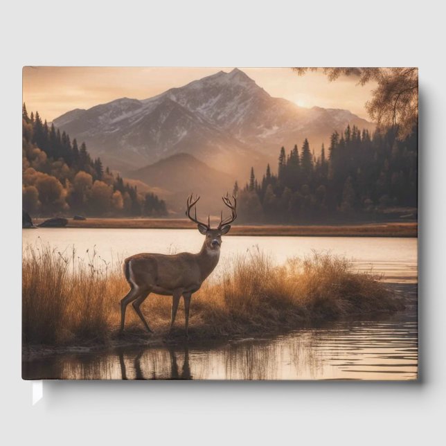 Huge Racked Deer on Mountain Lake Info / Date Guest Book (Front)