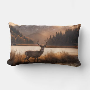 Huge Racked Deer on Mountain Lake Lumbar Cushion