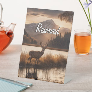 Huge Racked Deer on Mountain Lake Reserved Pedestal Sign