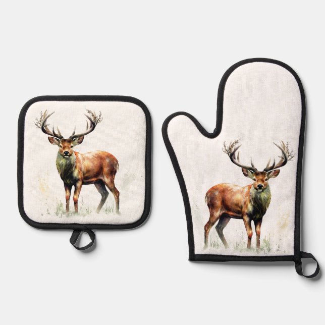 Huge Racked Deer  Oven Mitt & Pot Holder Set (Front)