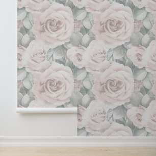 Huge size vintage creamy roses & green petals wallpaper