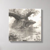 Huge Trees Forest & Lake Pencil Sketch Art