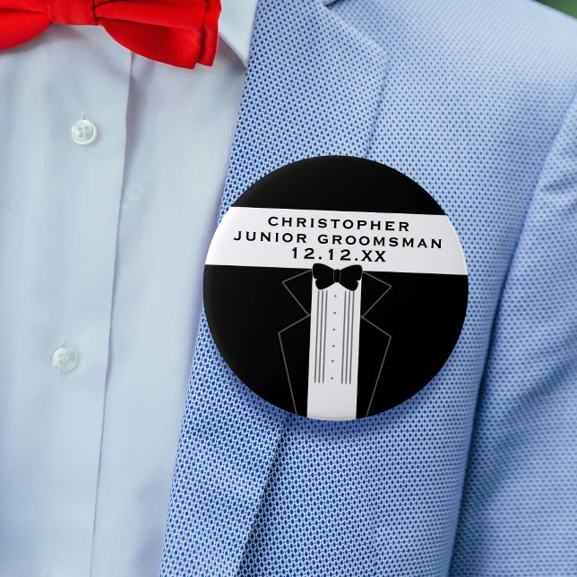 Huge Tuxedo Groomsman Wedding Party Button (A big pin button to attach to any member of your wedding party. Just add their name and your wedding)