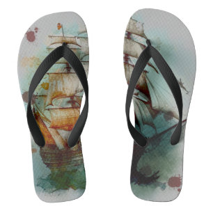 Huge watercolor pirate ship sails on the sea jandals