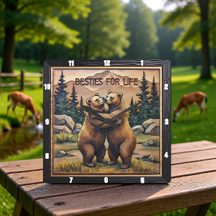 Hugging Bears Mountain Valley Square Wall Clock