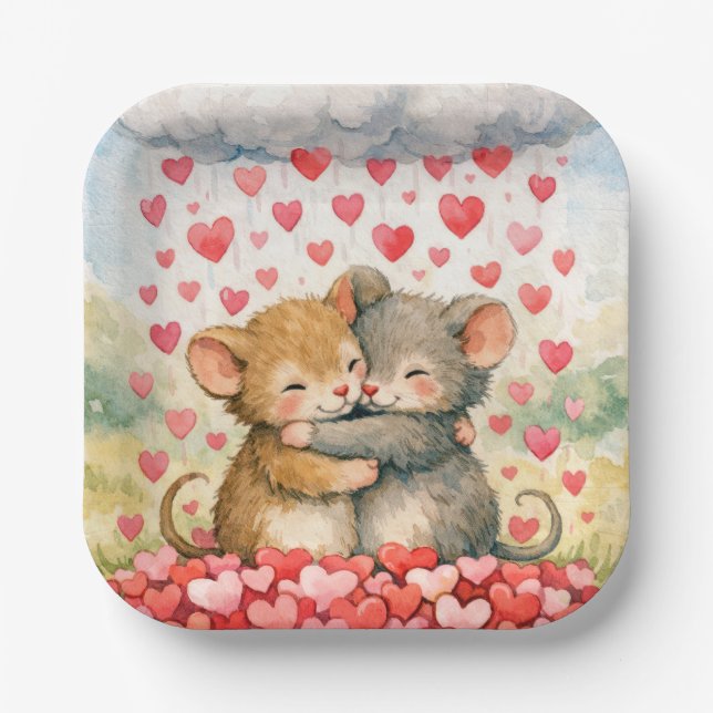 Hugging Mice Under a Cloud of Hearts Paper Plate (Front)