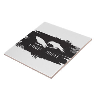 Huginn and Muninn Viking Ravens Ink Design Tile