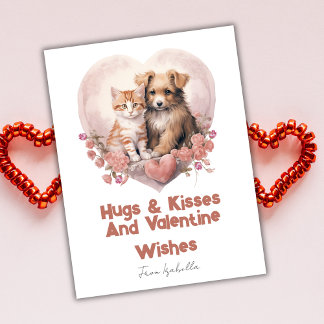Hugs and Kisses Cat Dog Valentines Pink Card