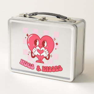 "Hugs and Kisses"   Cute & Loving Pink Heart Metal Lunch Box