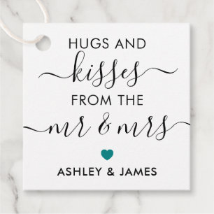 Hugs and Kisses from the Mr and Mrs Tag, Teal Favour Tags
